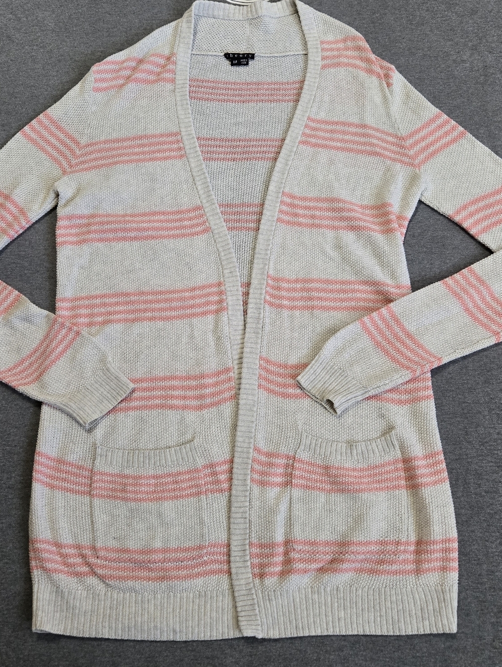 Theory Cardigan Women Small Beige Pink Striped Cotton Cashmere Open Front Knit